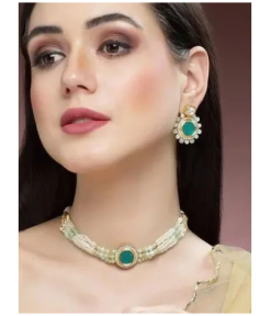 Lime Green Beads and Pearl Beaded Green Polki Kundan Choker Necklace Set